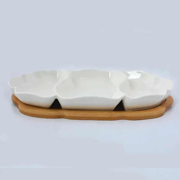Imperial Collection Serving Dish With Bamboo Base-3 Partition-8 inch