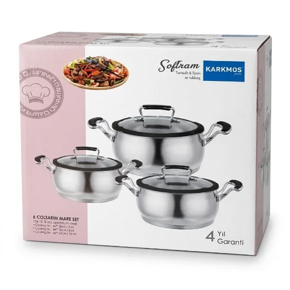Karkmos Softram 6-Piece Stainless Steel Cookware Casserole Set with Heat-Resistant Glass Lids & Ergonomic Handles – 3 Heavy-Duty Cooking Pots with Lids