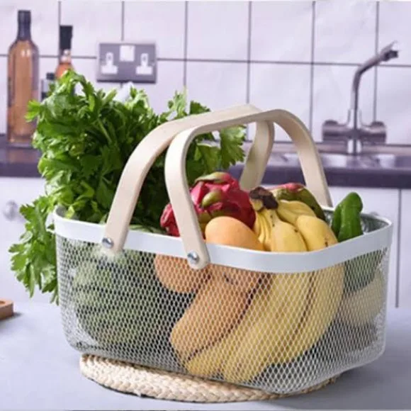 Kitchen Organizer Metal Wire Mesh Fruit Storage Basket with Wooden Handle Large