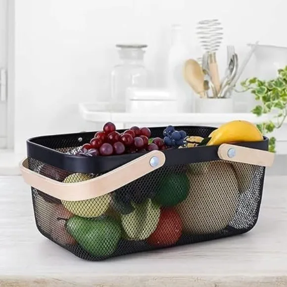 Kitchen Organizer Metal Wire Mesh Fruit Storage Basket with Wooden Handle Large