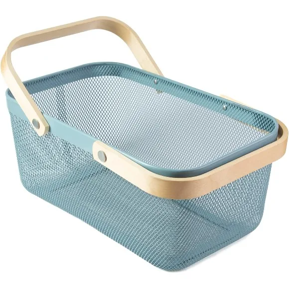 Kitchen Organizer Metal Wire Mesh Fruit Storage Basket with Wooden Handle Large