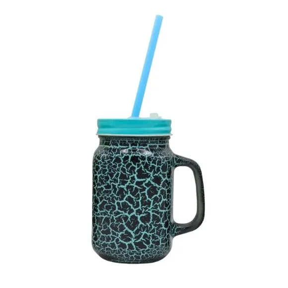 KLEEYO Mason Jar Carving 450ml – Premium Crackle Design with Steel Lid & Straw thumbnail 2