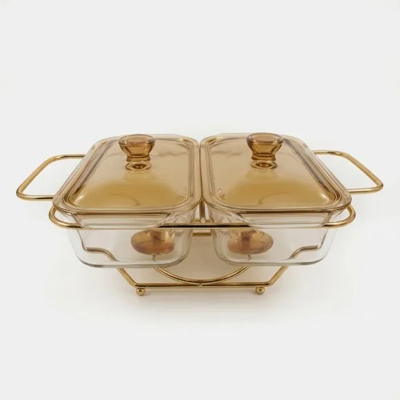 Luxury 2x1.3L Double Section Glass Chafing Dish with Amber Tint Lids, Gold Stand & Dual Candle Warmers