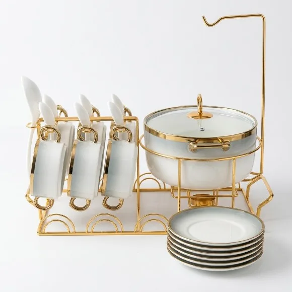 Luxury Ceramic Soup Serving Set with Gold Warming Stand & Hanging Lid Rack