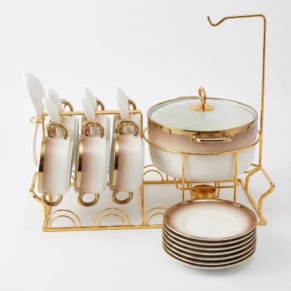 Luxury Ceramic Soup Serving Set with Gold Warming Stand & Hanging Lid Rack