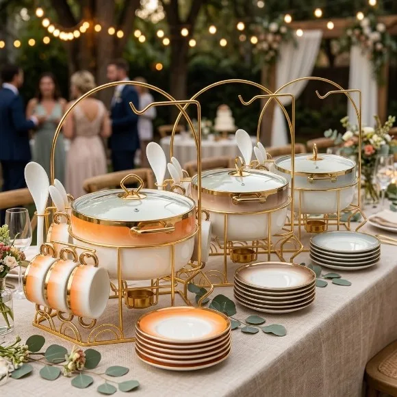 Luxury Ceramic Soup Serving Set with Gold Warming Stand & Hanging Lid Rack
