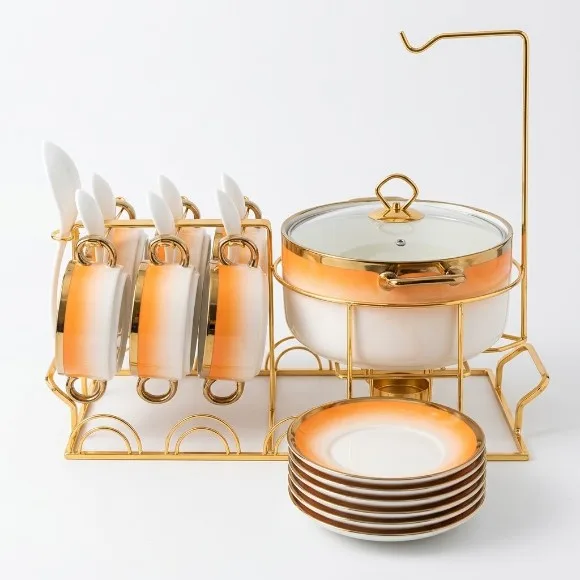 Luxury Ceramic Soup Serving Set with Gold Warming Stand & Hanging Lid Rack