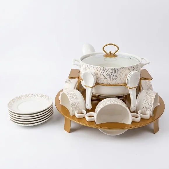 Luxury Ceramic Soup Tureen Set with Gold Warming Stand – Complete Dinnerware Serving Set with Soup Bowls, Spoons, Side Plates & Glass Lid for Dining, Parties & Gifting