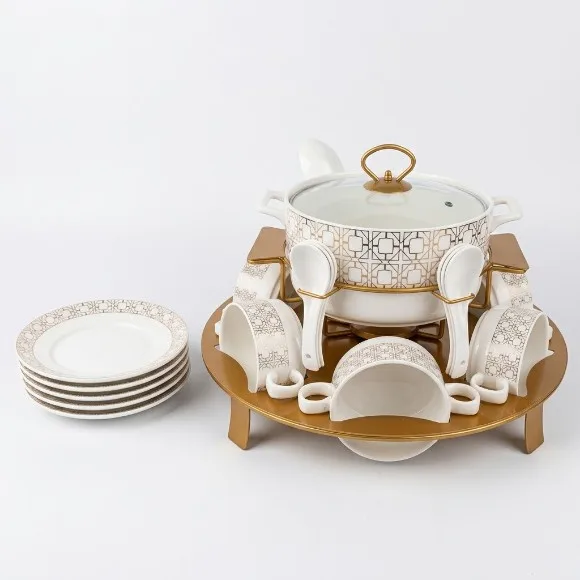 Luxury Ceramic Soup Tureen Set with Gold Warming Stand – Complete Dinnerware Serving Set with Soup Bowls, Spoons, Side Plates & Glass Lid for Dining, Parties & Gifting