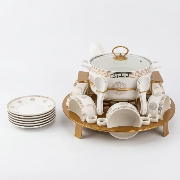 Luxury Ceramic Soup Tureen Set with Gold Warming Stand – Complete Dinnerware Serving Set with Soup Bowls, Spoons, Side Plates & Glass Lid for Dining, Parties & Gifting