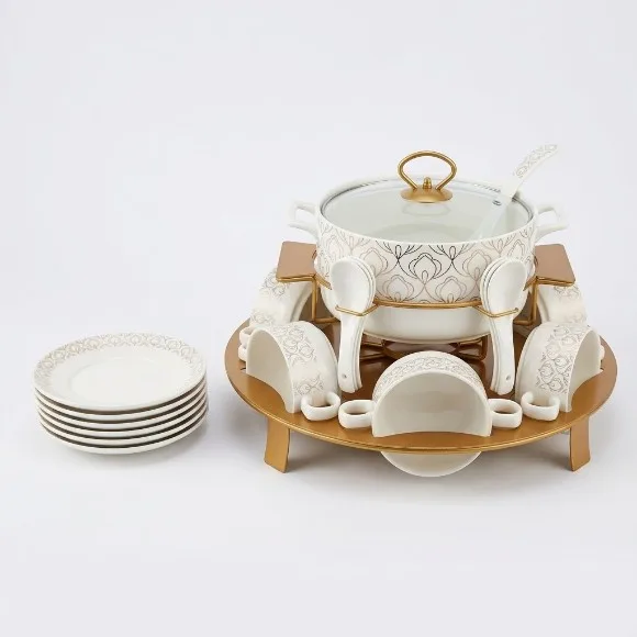 Luxury Ceramic Soup Tureen Set with Gold Warming Stand – Complete Dinnerware Serving Set with Soup Bowls, Spoons, Side Plates & Glass Lid for Dining, Parties & Gifting