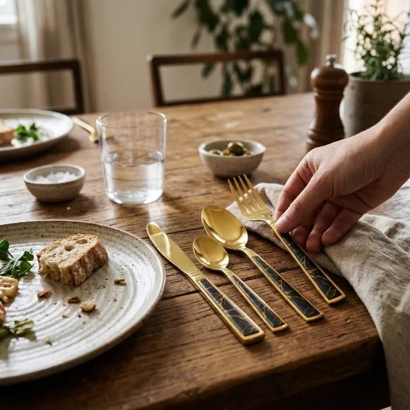 Luxury Gold & Black Marble Pattern Stainless Steel Cutlery (Pack of 6)