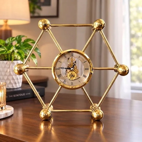 Luxury Hexagon Table Clock Gold Brass Clock