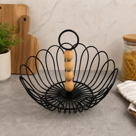 Metal Wire Fruit Basket with Wooden Bead Handle Fruit & Vegetable Basket
