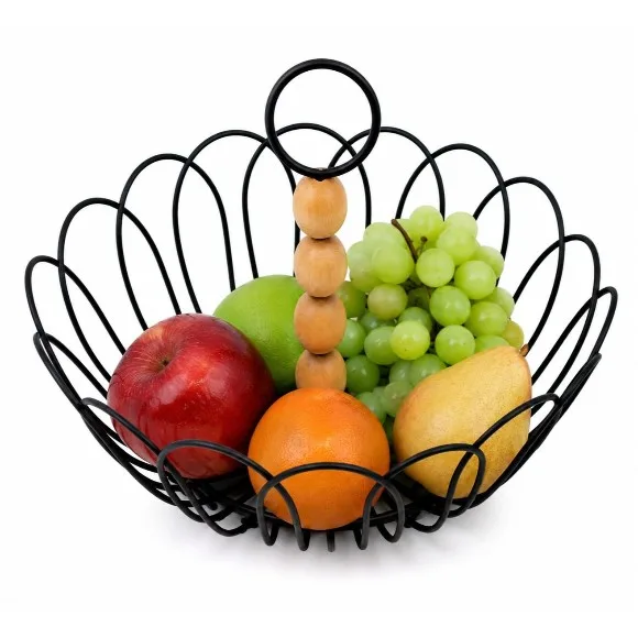 Metal Wire Fruit Basket with Wooden Bead Handle Fruit & Vegetable Basket
