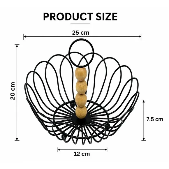 Metal Wire Fruit Basket with Wooden Bead Handle Fruit & Vegetable Basket
