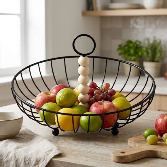Metal Wire Fruit Basket with Wooden Bead Handle Fruit & Vegetable Basket
