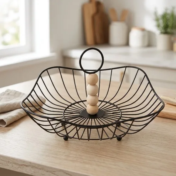 Metal Wire Fruit Basket with Wooden Bead Handle Fruit & Vegetable Basket