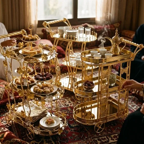 Mini Tea Cart Gold Ornate Metal Serving Trolley 3-Tier Mini Tea Trolley