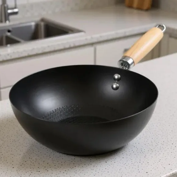 Mini Wok Classic Kitchen Cooking Pot Wooden Handle Flat Base Pan Includes 1 x Chinese Wok Pan