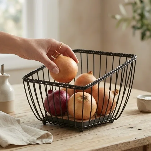 Modern Iron & Wood Countertop Fruit Basket