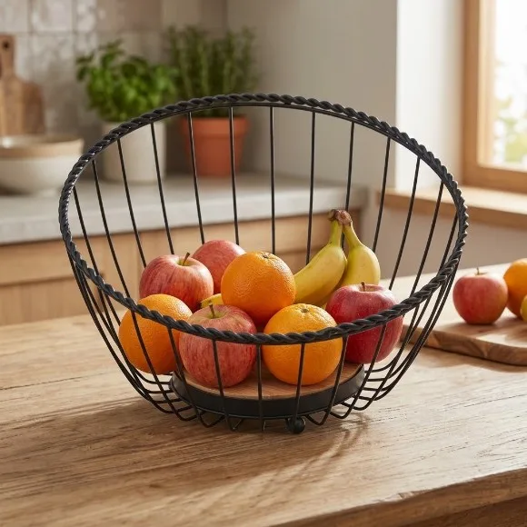 Modern Iron & Wood Countertop Fruit Basket