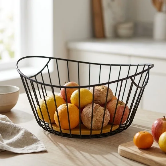Modern Iron & Wood Countertop Fruit Basket