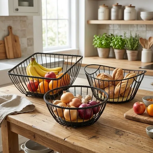 Modern Iron & Wood Countertop Fruit Basket