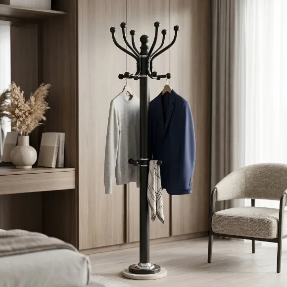 Modern Standing Coat Rack Tree with Multiple Hooks & Heavy Duty Marble Base – Clothes & Hat Organizer