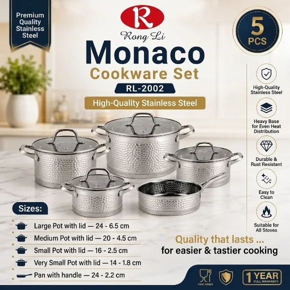 Rong Li Monaco Hammered Design Stainless Steel Cookware Set 9Pcs