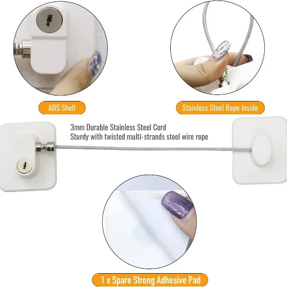 No-Drill Refrigerator Lock with Key – Heavy-Duty Child & Pet Safety Cable Restrictor for Fridge, Cabinets & Windows