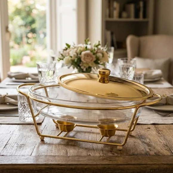 Luxury 3.0L Oval Glass Chafing Dish with Polished Silver & Gold Stand Lid & Dual Tealight Warmers