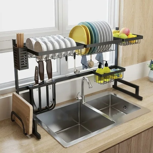 Over The Sink Dish Drying Rack with 4 Hooks 85CM