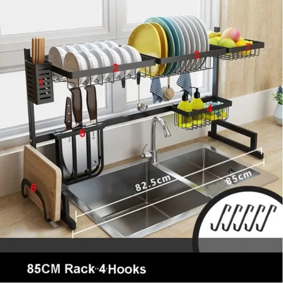 Over The Sink Dish Drying Rack with 4 Hooks 85CM