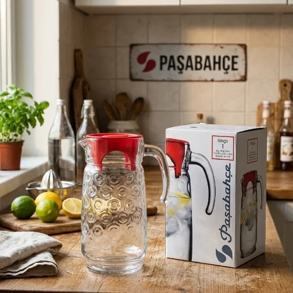 Pasabahce Rings Red Lid Pitcher 1700ml