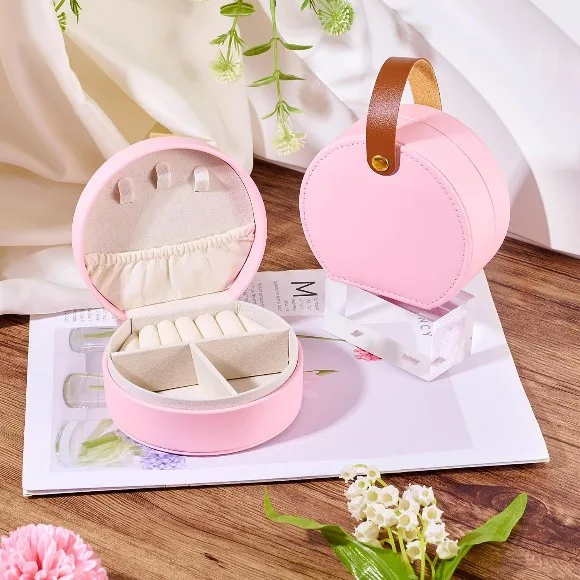 Portable Round Jewelry Box Travel Jewelry Box Mini Ring Necklace Organizer 