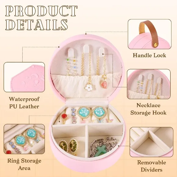 Portable Round Jewelry Box Travel Jewelry Box Mini Ring Necklace Organizer 