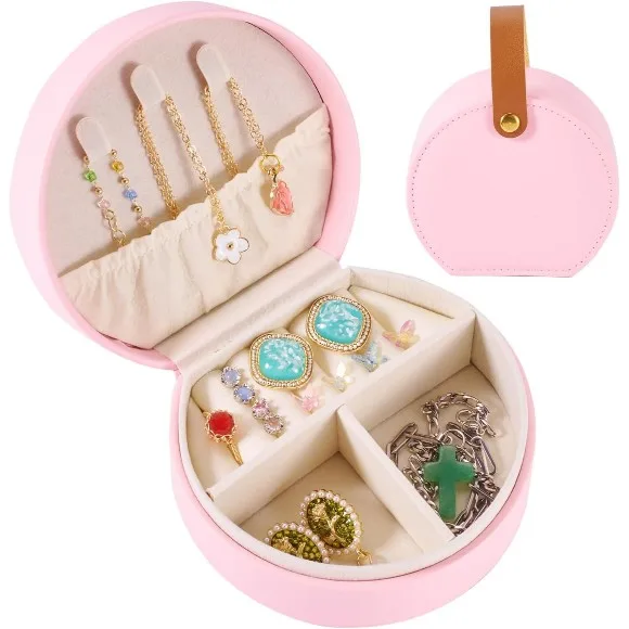 Portable Round Jewelry Box Travel Jewelry Box Mini Ring Necklace Organizer 
