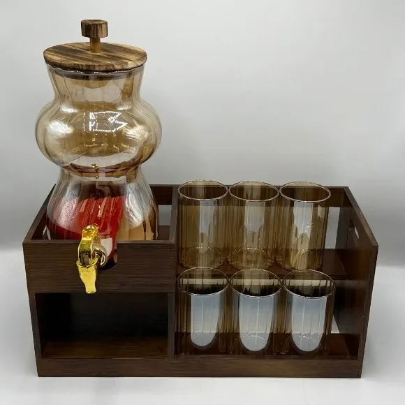 Premium 2.8L Amber Glass Beverage Dispenser Set with 6