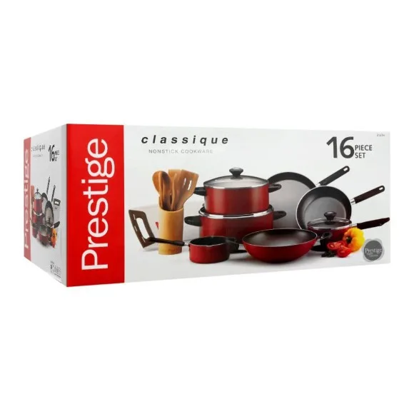 Prestige Aluminum Classique Non stick Cookware Set of 16 Piece Red PR21234