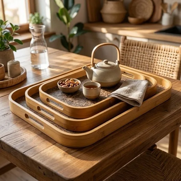Rectangular Bamboo Wooden Serving Tray 3 Piece