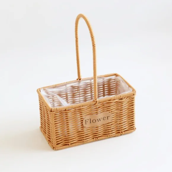 Rectangular Flower Cane Basket With Handle