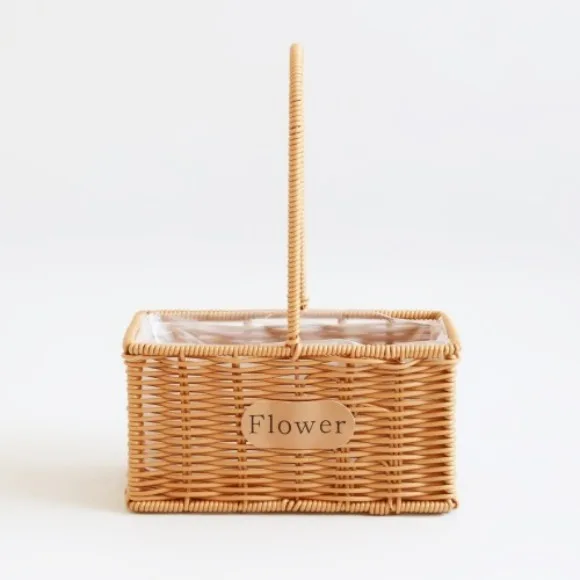 Rectangular Flower Cane Basket With Handle