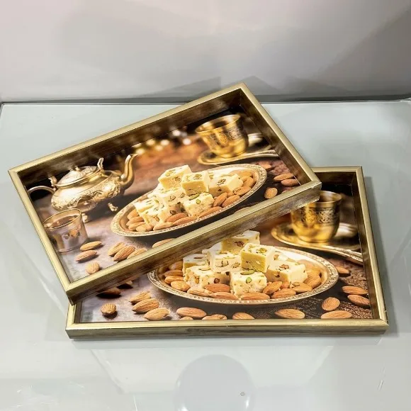 Rectangular Geometric Art Wood Tray Set of 2