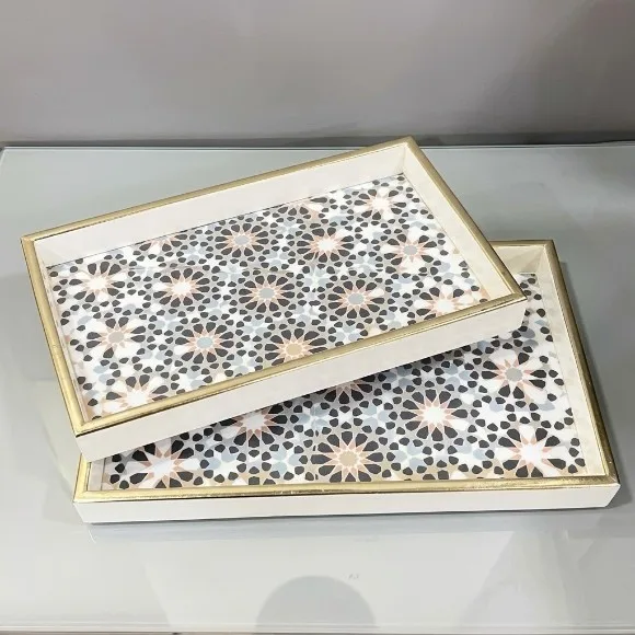 Rectangular Geometric Art Wood Tray Set of 2