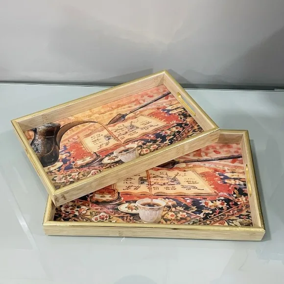 Rectangular Geometric Art Wood Tray Set of 2