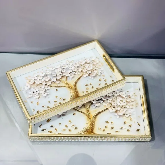 Rectangular Geometric Art Wood Tray Set of 2