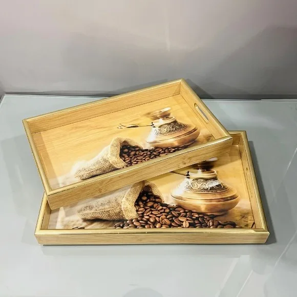 Rectangular Geometric Art Wood Tray Set of 2