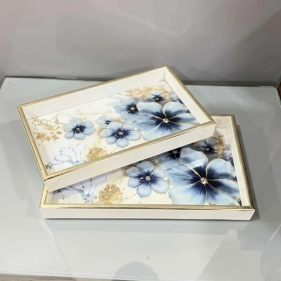 Rectangular Geometric Art Wood Tray Set of 2