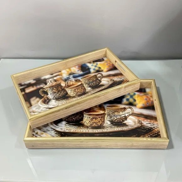 Rectangular Geometric Art Wood Tray Set of 2